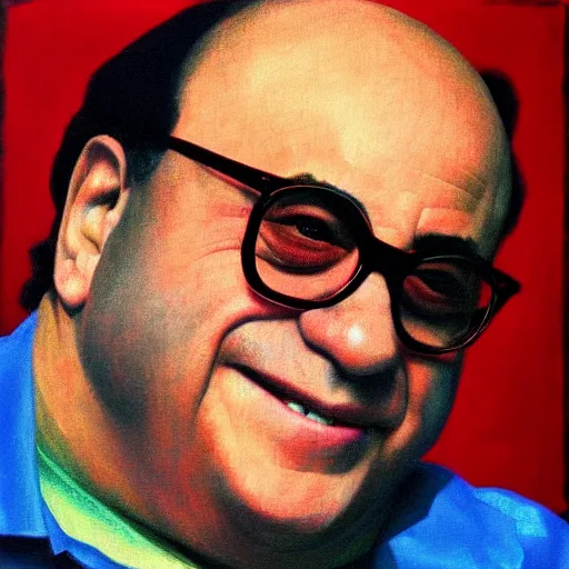 Image similar to Danny DeVito, neo brutralism, colorful, oilpainting, hyperrealistic, cgsociety, octane render, in the style of Mark Rothko, Edward Hopper and Akihiko Yoshida