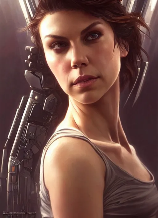 Image similar to lauren cohan with cyberpunk implants,, incredibly detailed face, pretty face, light dress, deep focus, fantasy, intricate, elegant, digital painting, artstation, concept art, matte, sharp focus, true anatomy, art by artgerm and greg rutkowski and alphonse mucha