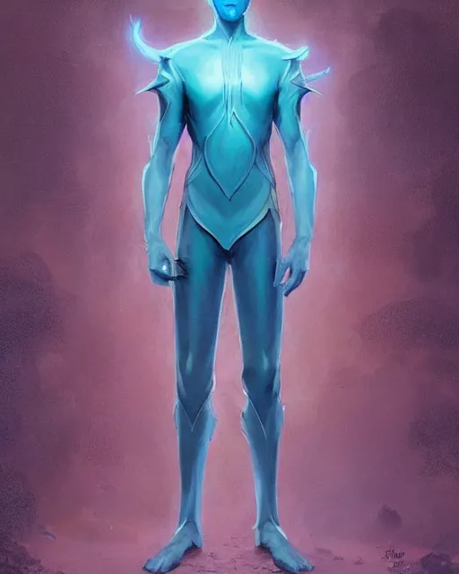 Prompt: character portrait of a slender young half elven man with white hair, piercing turquoise blue eyes, and pale blue skin, wearing sleek pearlescent black armor, by greg rutkowski and mark brookes and jim burns and tom bagshaw and magali villeneuve, trending on artstation