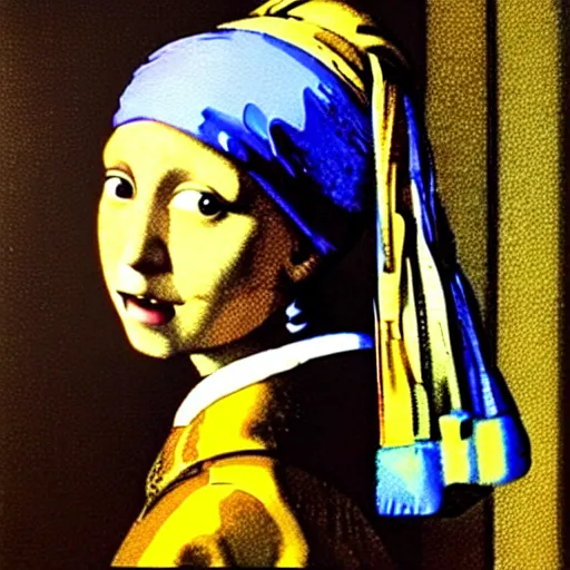 Image similar to painting of the girl with the pearl earring together with mona lisa by andy warhol, painting, oil on canvas, beautiful painting