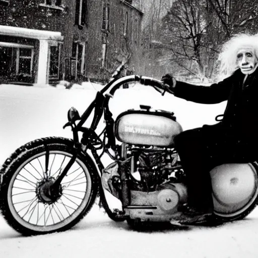 Prompt: a portrait of einstein on a motorcycle in the snow