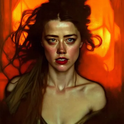Image similar to hyperrealistic portrait of a woman as amber heard dining in hell by jeremy mann and alphonse mucha, fantasy art, photo realistic, dynamic lighting, artstation, poster, volumetric lighting, very detailed faces, 4 k, award winning