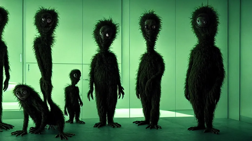 Prompt: the strange creature, made of glowing oil, they suffer from elevatophobia, film still from the movie directed by denis villeneuve and david cronenberg with art direction by salvador dali and dr. seuss