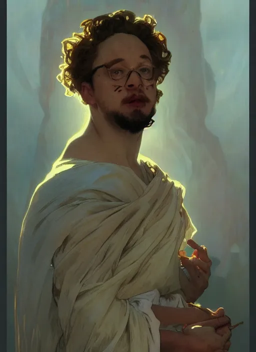 Prompt: the Birth of Sam Hyde, portrait art by alphonse mucha and greg rutkowski, highly detailed, digital painting, concept art, illustration, dim lighting with twilight rays of sunlight, trending on artstation, very detailed, smooth, sharp focus, octane render, close up