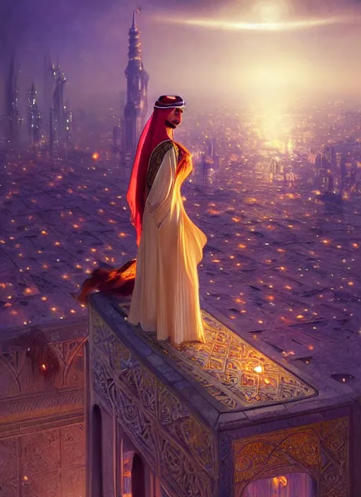 Prompt: an arabian princess looking over her city at night in the rain, shiny, fantasy, intricate, elegant, hyper detailed, ultra definition, photoreal, artstation, unreal engine rendered, concept art, smooth, sharp focus, illustration, art by artgerm and greg rutkowski and alphonse mucha and garis edelweiss