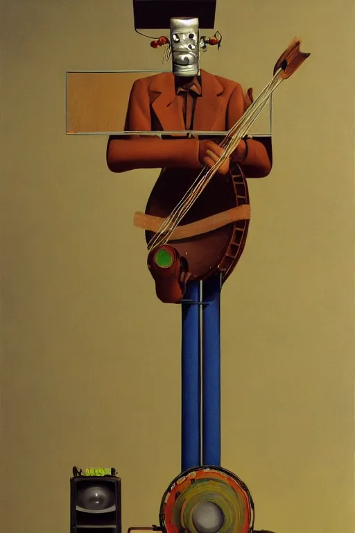 Prompt: country bumpkin robot, playing a large banjo, straw in his mouth, standing on a speaker, high detail, style of salvador dali, on a stage, painting by rene magritte, trending on artstation, cyberpunk, style of michael cheval, hyper realistic, s, 8 k