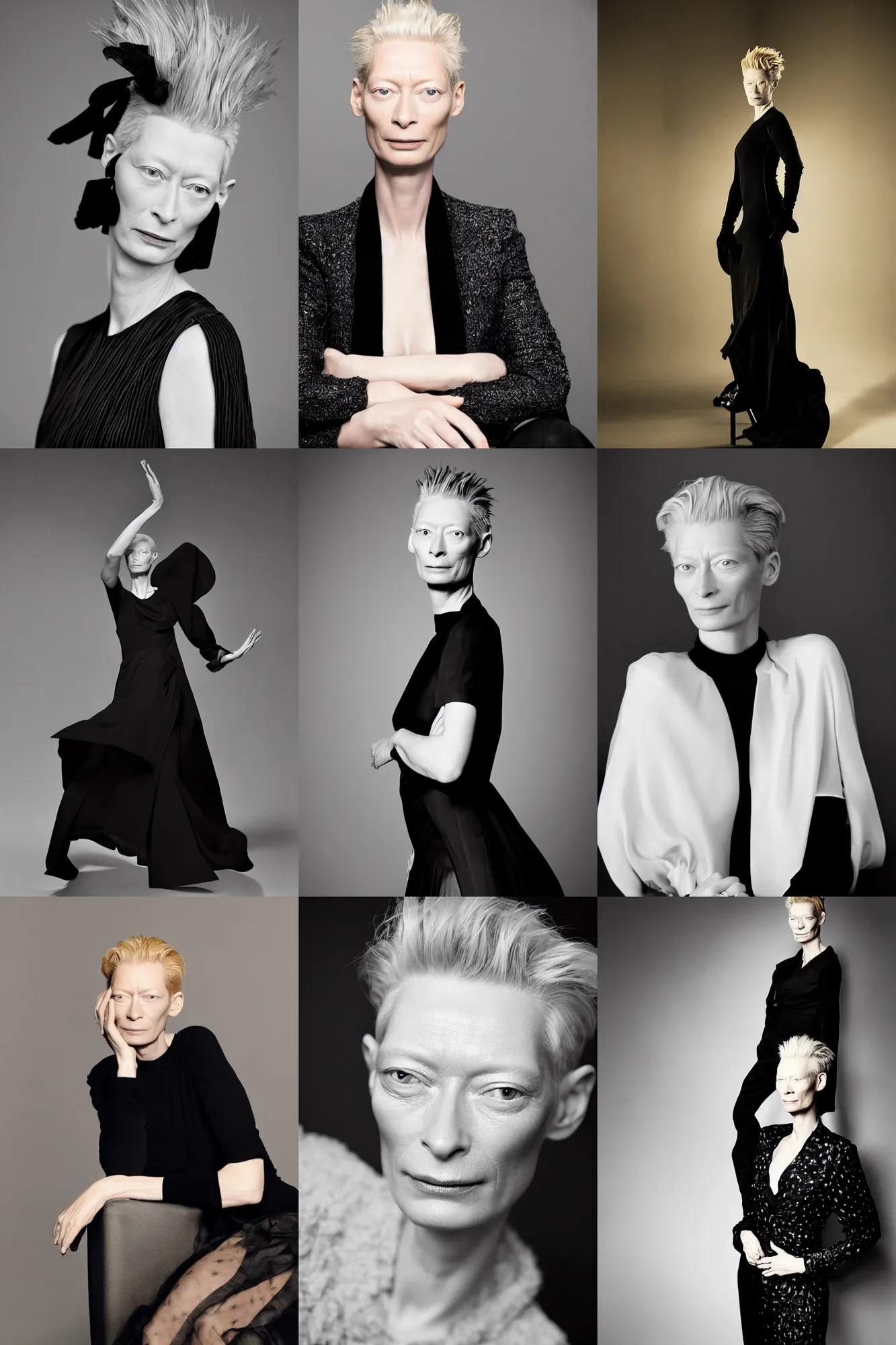 Prompt: the portrait photo of actress tilda swinton weared in black dress in studio