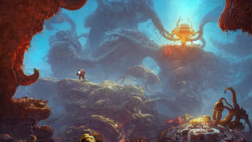 Image similar to An astronaut has a treasure with him, he is running away from the giant Cthulhu that is behind hunting him, this is an extravagant planet with wacky wildlife and some mythical animals, the background is full of ancient ruins, the ambient is vivid and colorful with a terrifying atmosphere, by Jordan Grimmer digital art, trending on Artstation,