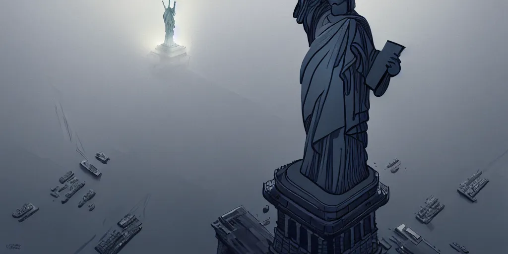 Image similar to highly detailed portrait of a giant statue of liberty, look down from sky, by pablo carpio, dramatic lighting, dynamic pose, dynamic perspective ， trending on artstation