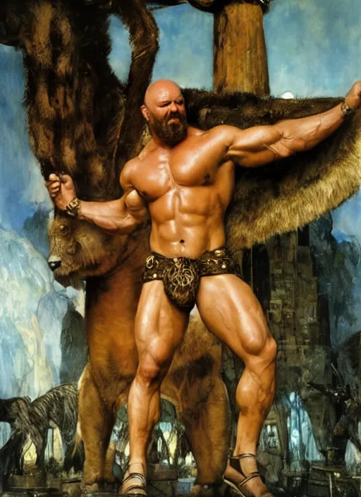Image similar to huge morgan aste as hercules dressed in animal skins, by john berkey and lawrence alma tadema and rick berry and norman rockwel