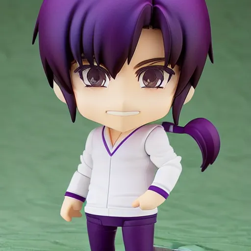 Prompt: nendoroid of a man with green long messy hair, purple eyes, round eyebrows and purple clothes