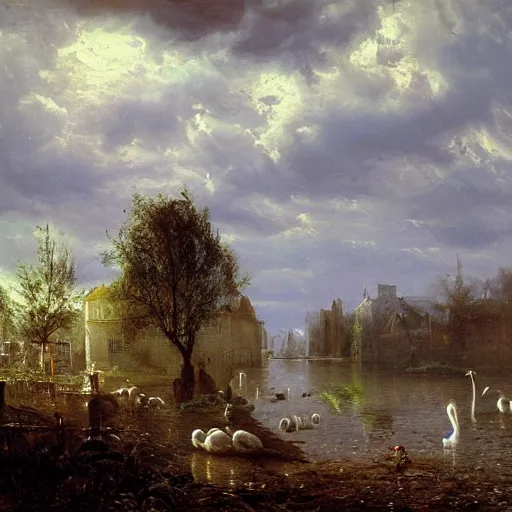 Image similar to painting hr giger tent in a landscape, swans in a pond, floral ornaments light beams night, street lights, andreas achenbach