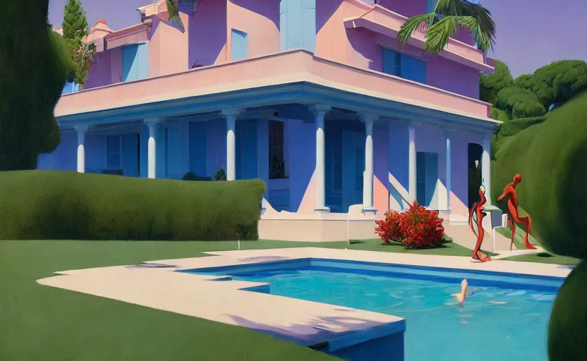 Image similar to A villa with a big pool, very coherent, painted by Edward Hopper, Wayne Barlowe, painted by James Gilleard, airbrush, art by JamesJean