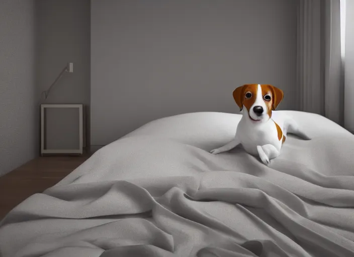 Image similar to photography of a Jack Russel . watching outside the window. on a bed. in a white room. octane render,volumetric light, volumetric fog, photorealistic,, award winning photo, 100mm, sharp, cloth, high res