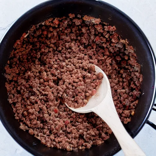 Prompt: a pot full of mince being mixed up, pov, 4 k