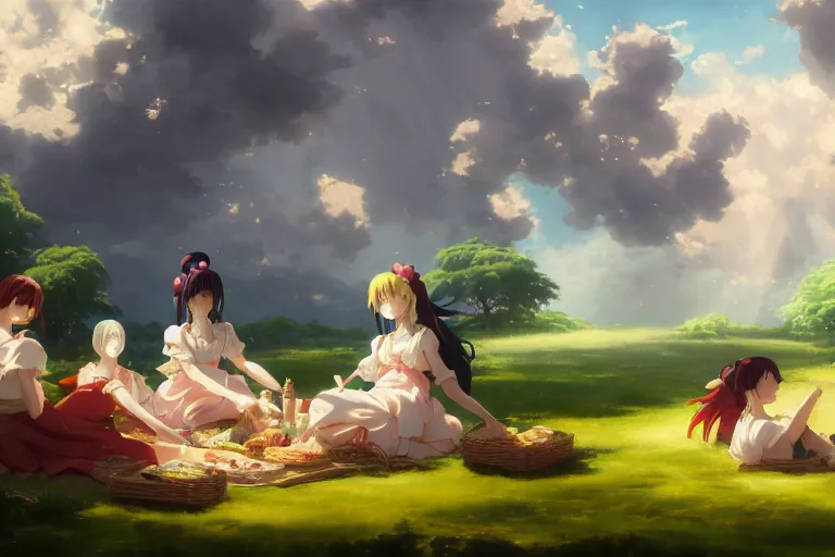 Image similar to baroque oil painting of anime key visual concept art of anime maids having a picnic in rolling green plains, sunrays breaking through clouds, grimdark steampunk high fantasy, trending on artstation, brush strokes, oil on canvas, style of makoto shinkai and greg rutkowski and studio ghibli