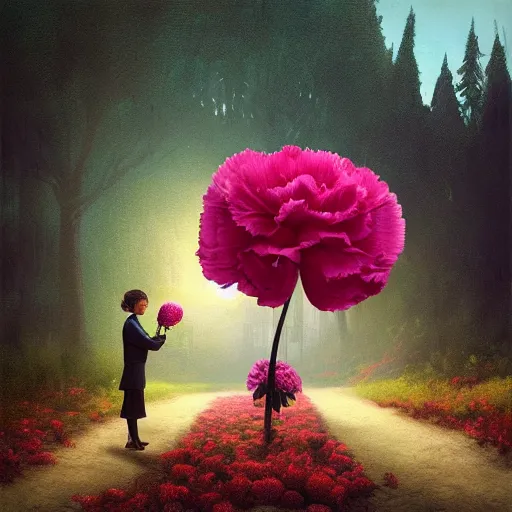 Image similar to giant carnation flower head, girl in a suit, on a path, surreal photography, sunrise, dramatic light, impressionist painting, digital painting, artstation, simon stalenhag