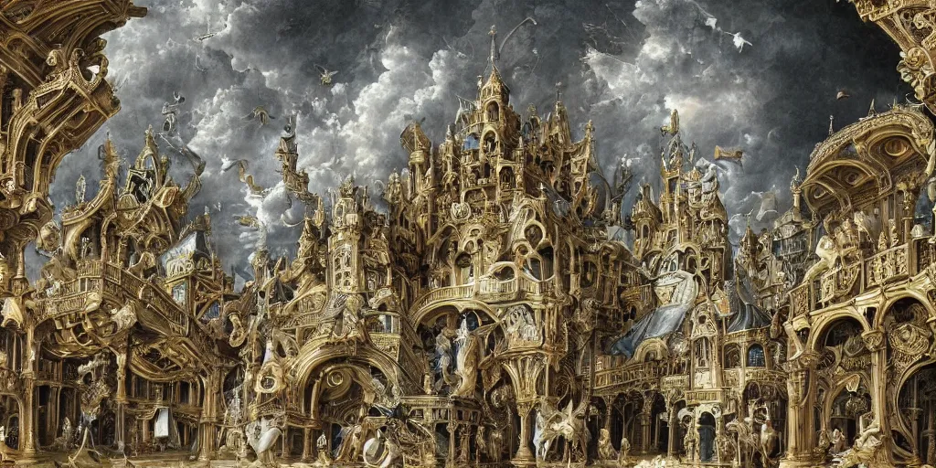 Prompt: beautiful!!! ornate heavenly!!! silver rococo megastructure in the style of heironymus bosch, prismatic intricate masterpiece, hyper detailed!, hd