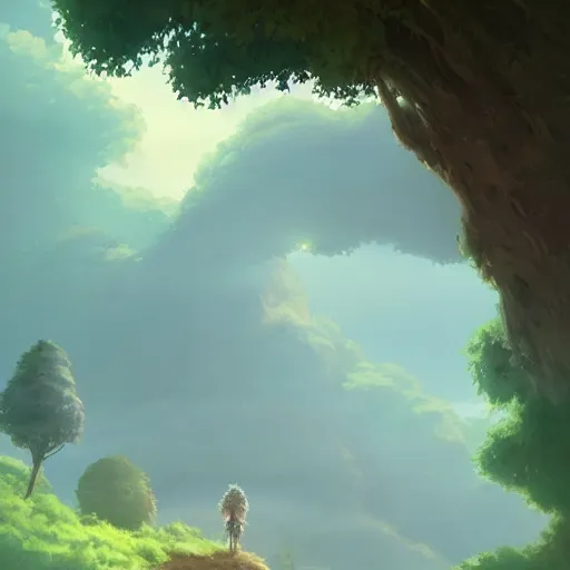 Prompt: a landscape of a single tree with bushes nearby, studio ghibli, castle in the sky, animated, anime, illustrated, vibrant, by greg rutkowski, by miyazaki, dungeons and dragons on artstation