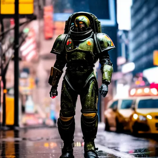 Image similar to a man wearing futuristic space marine armor walks down a rainy street in new york, photography, movie still, dslr 5 5 mm, 4 k