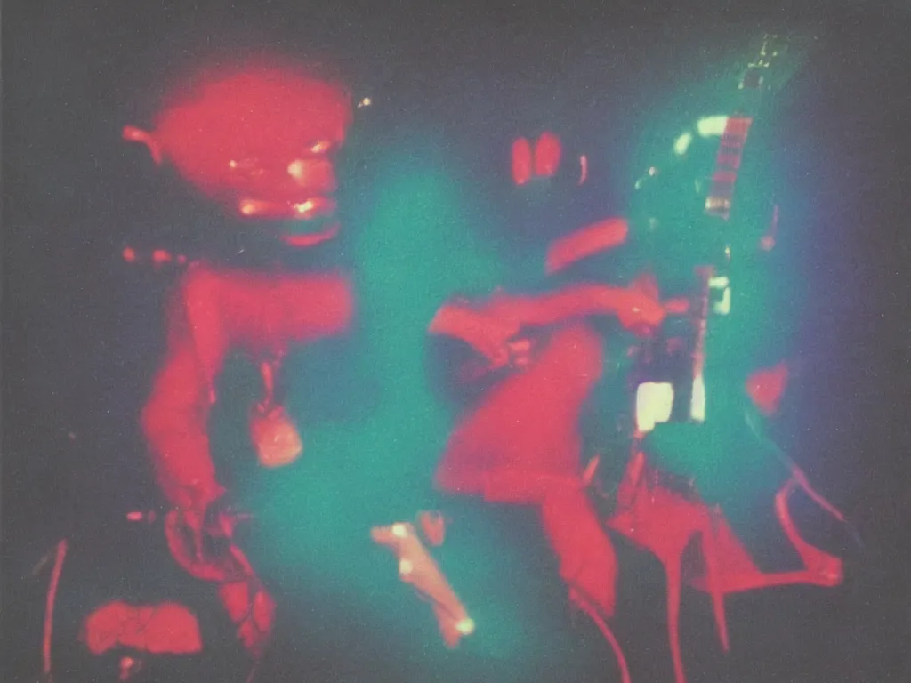 Image similar to 1980s polaroid colour flash photograph of a creature made of electric guitars