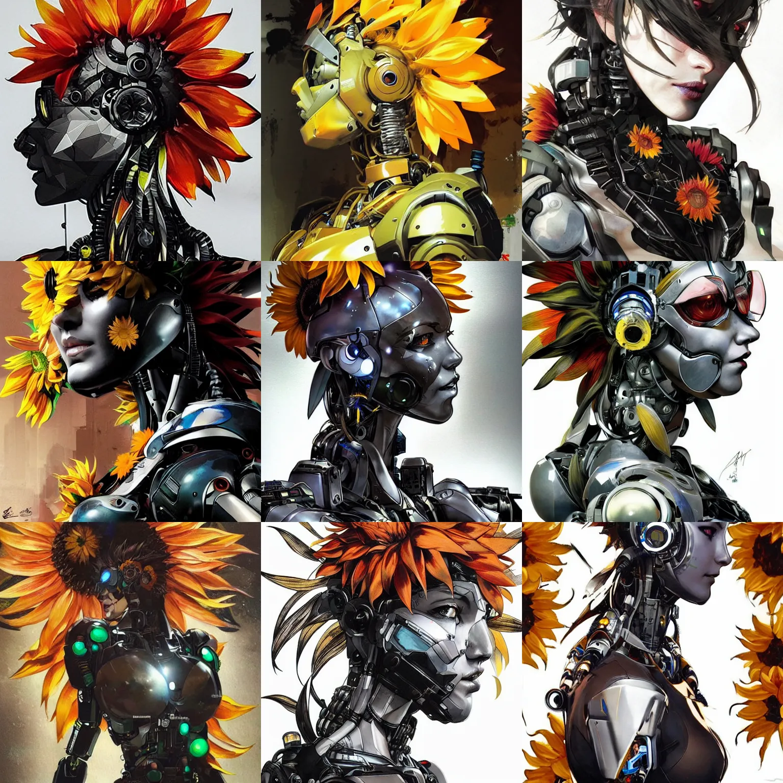 Prompt: a beautiful side portrait of a robotic sunflower cyborg. art by yoji shinkawa and sandra chevrier, trending on artstation, award - winning, perfect composition.
