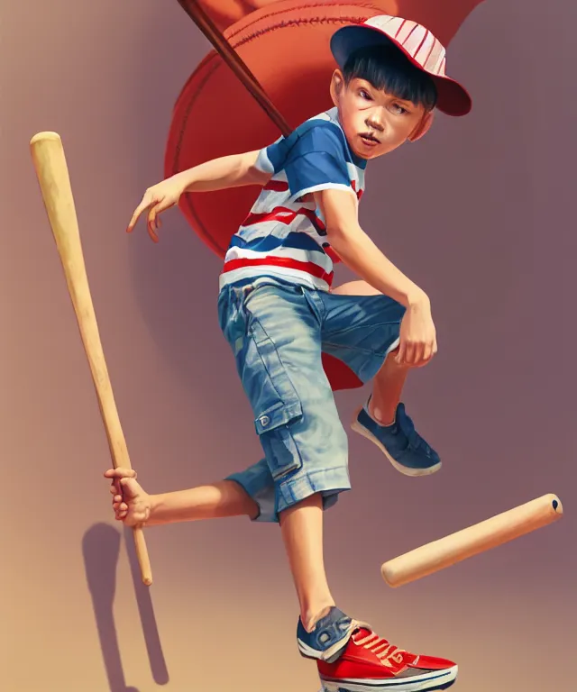 Image similar to a young boy wearing a horizontal striped shirt and a red baseball cap and jean shorts, holding a baseball bat, centered composition, digital painting, artstation, concept art, sharp focus, octane render, illustration, art by james jean,