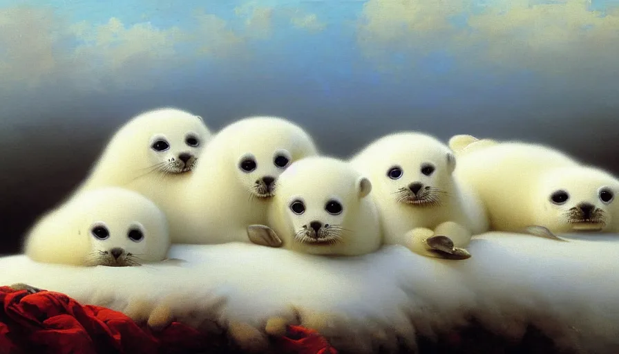 Image similar to highly detailed painting of cute furry white baby seals cuddling up on a brown leather sofa with ice by ivan aivazovsky, thick brush strokes and visible paint layers, 4 k resolution, lounge background