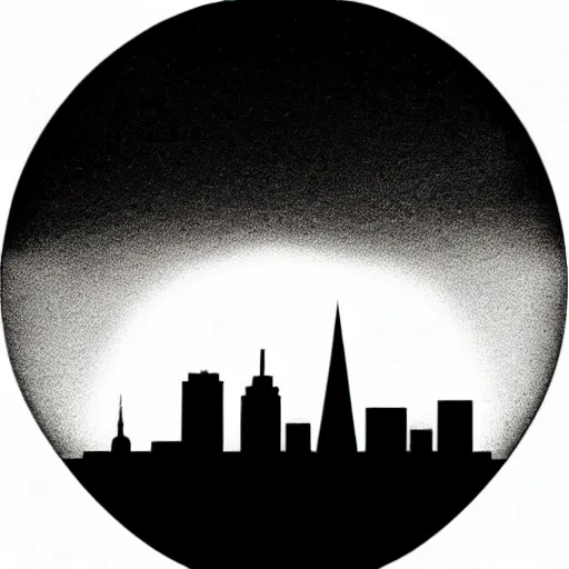 Image similar to a perfect circle where the inside is empty blank space and around the outer edge of the circle is the silhouette of a city skyline, black and white, minimalist, in the style of a charcoal drawing, made by david mellen