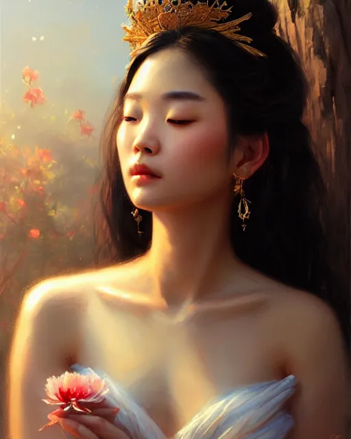 Image similar to a beautiful taiwan goddess with sundress with jewelry | | winter, realistic shaded, unpleasant face, good looking, fine details, realistic shaded lighting poster by greg rutkowski, magali villeneuve, artgerm, jeremy lipkin and michael garmash and rob rey