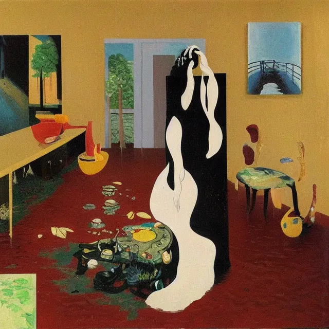 Prompt: tall female emo artists in their flooded apartment, water gushing from ceiling, painting of flood waters inside an artist's home, a river flooding indoors, pomegranates, pigs, ikebana, zen, water, octopus, river, rapids, waterfall, black swans, canoe, berries, acrylic on canvas, surrealist, by magritte and monet