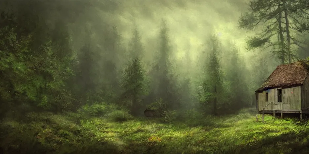 Prompt: a painting of single cottage in the woods and empty woods, 8k, fantasy, hyper realistic, atmospheric, cinematic