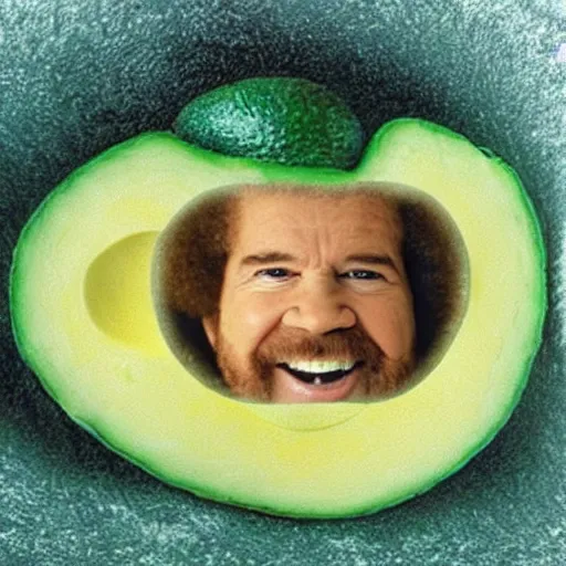 Image similar to bob ross as an avocado embryo