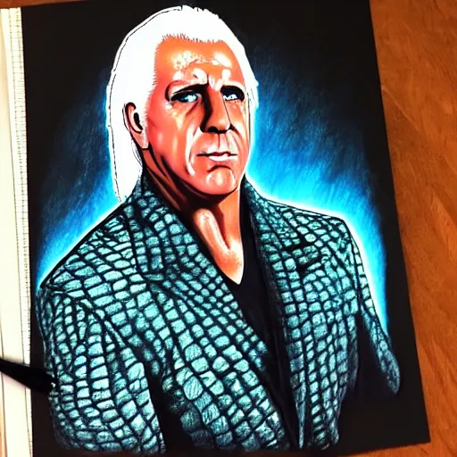 Image similar to Ric Flair, portrait, wooooo, background alligator scales, hyperrealistic, drawing