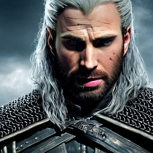 Image similar to Chris Evans as the Witcher, photo real, 4k, epic, high detail, cinematic