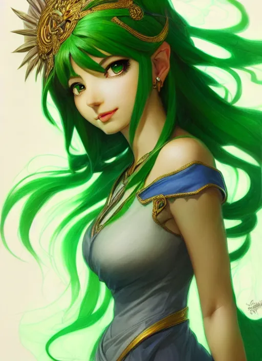 Image similar to portrait, head and body only, palutena, green hair, concept art, digital illustration, by rossdraws, frank franzzeta, intricate, masterpiece, elegant, hyper detailed, artstation, unreal engine rendered, concept art, smooth, sharp focus, illustration, art by artgerm and greg rutkowski and alphonse mucha and garis edelweiss