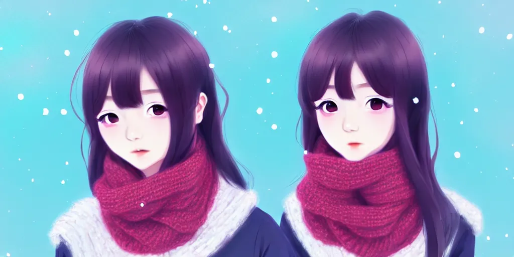 Image similar to ulzzang korean girl in sweater wearing scarf on neck. winter background, ilya kuvshinov, anime, pixiv top monthly, trending on artstation, cinematic, danbooru, zerochan art, kyoto animation