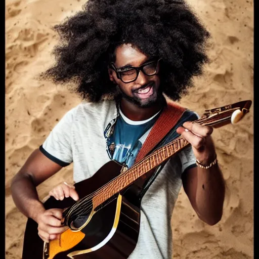 Prompt: a black man with long curly hair, wearing glasses, turning into sand while he plays guitar + Cinematic Lighting + Deep Shadows + Hyper Realistic + Hyper Maximalist + Maximalist Composition + Intricate Details + Rendered in Octane + Trending on Artstation + Hall of Fame on Cgsociety + 8K portrait + 8k Post-Processing Highly Detailed + Rendered by Octane Engine + 8K Artstation 8k Detail Post Processing + Octane Render