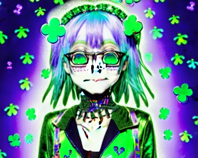 Prompt: a hologram of decora styled green haired yotsuba koiwai wearing a gothic spiked jacket, background full of lucky clovers, crosses, and shinning stars, holography, irridescent