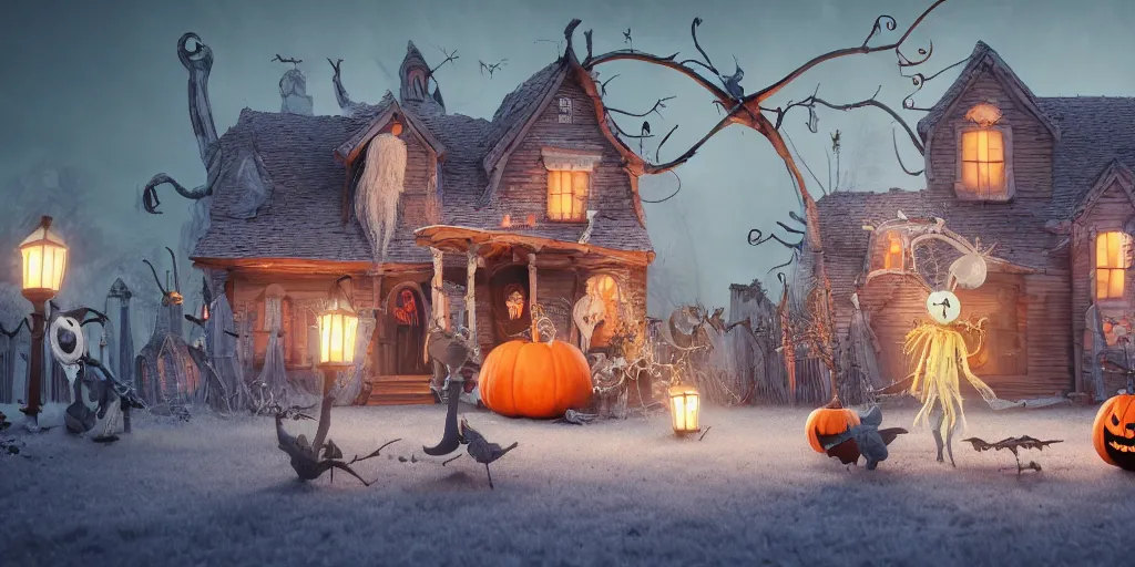 Image similar to a scene from tim burtons nightmare before christmas, halloween town, illustration, reality, wide shot, light colors, highly detailed, sharp focus, cinema 4 d, 3 d, octane render