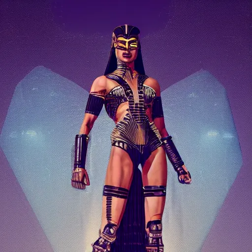 Image similar to full body portrait of the muscular Egyptian Android Pharaoh Queen, by DC comics and Sandra Chevrier and beeple, artstation, volumetric lighting and fog, hyperrealism, hyper detailed futuristic royalty, award winning costume design, cybernetic bionic ancient cyborg, fashion show runway, futuristic fine textures, woven with electricity, high fashion superpowers, floating dust particles, bokeh, mystic haze, 4k UHD, HDR