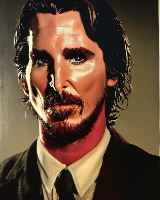 Image similar to oil painting portrait of christian bale american psycho holding an axe, cinematic lighting, high production value, intricate details, high resolution, hdr, high definition, masterpiece, realistic, ultrarealistic, highly detailed, hd, sharp focus, non blurry, sharp, smooth