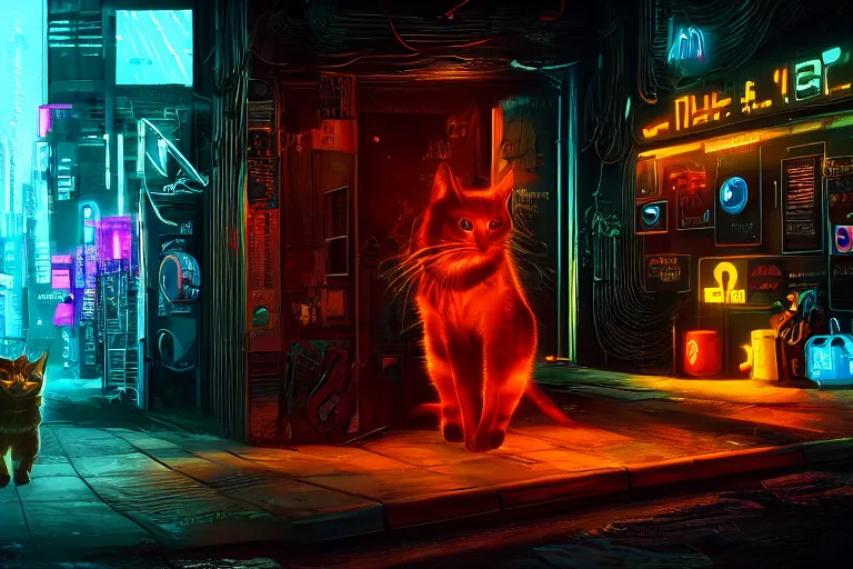 Prompt: cyberpunk ginger cat in the alley, neon lighting, rendered in unreal engine, trending on artstation