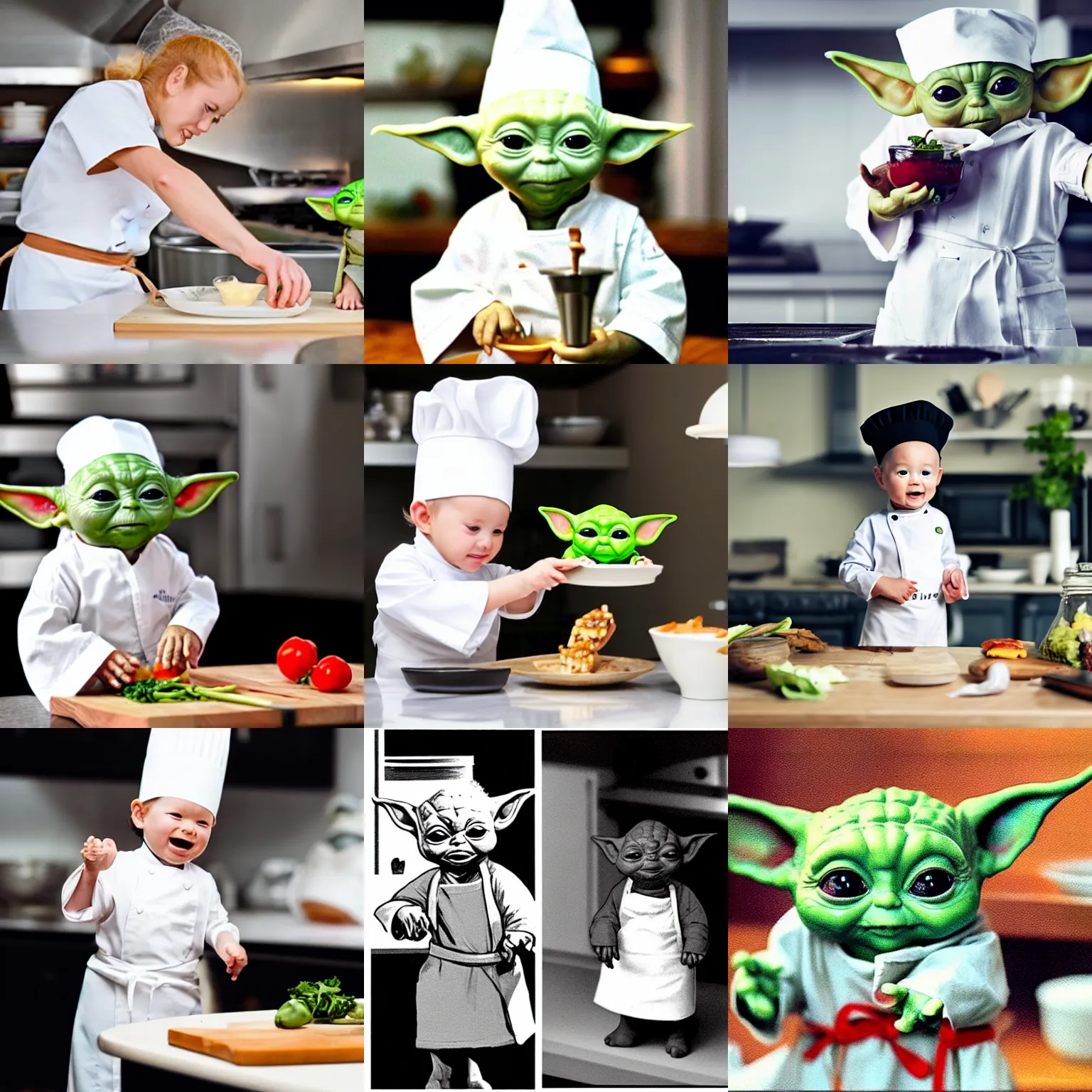 Prompt: tiny and innocent baby yoda appears as a chef wearing a white chefs hat and apron in a beautiful kitchen, preparing some food