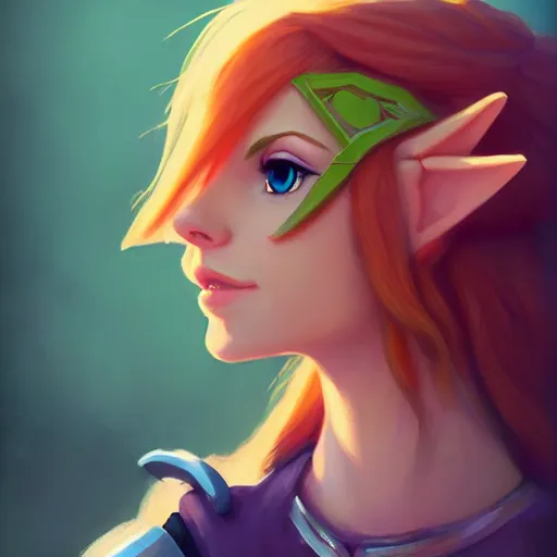 Image similar to portrait of a female Link from legend of Zelda, face, asymmetrical, profile picture, Organic Painting, sunny day, Matte Painting, bold shapes, hard edges, street art, trending on artstation, by Lois van Baarle and Gil Elvgren and Sachin Teng