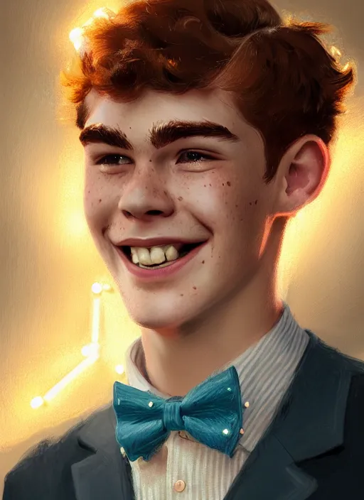 Prompt: portrait of teenage archie andrews, freckles, curly middle part haircut, curly hair, smiling kindly, bowtie, intricate, elegant, glowing lights, highly detailed, digital painting, artstation, concept art, smooth, sharp focus, illustration, art by wlop, mars ravelo and greg rutkowski