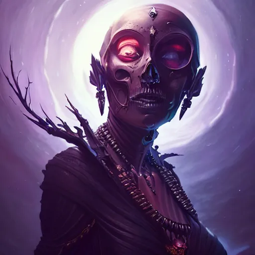 Prompt: queen of death. intricate portrait, occult cyberpunk, ancient futuristic, dark art, occult. by Petros Afshar, by artgerm, by Eddie Mendoza, by Peter mohrbacher, octane render, 3d, unreal engine, depth of field, bokeh