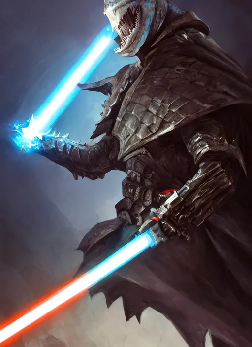 Image similar to side portrait of a shark knight holding a double bladed lightsaber, fantasy, d & d, heartstone, digital painting, volumetric light, intricate, sharp, focus, bloom, illustration, highly detailed, concept art, matte, ruan jia, randy vargas, greg rutkowski