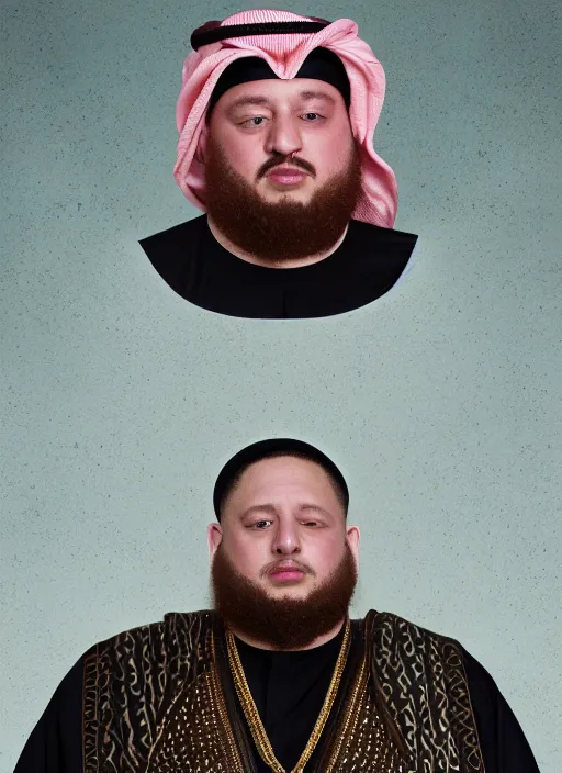 Image similar to portrait of sheikh ruler of dubai, djinn, head and torso only, cinematic lighting, studio quality, godly, cell shaded, 4 k, active, scenic, schizo, art style action bronson