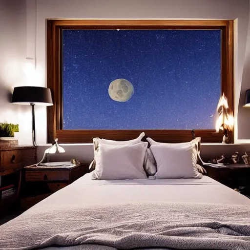 Image similar to Cozy bedroom aboard a flying ship window looks on moonlit clouds and stars, soft bed blankets log cabin walls hyperrealism